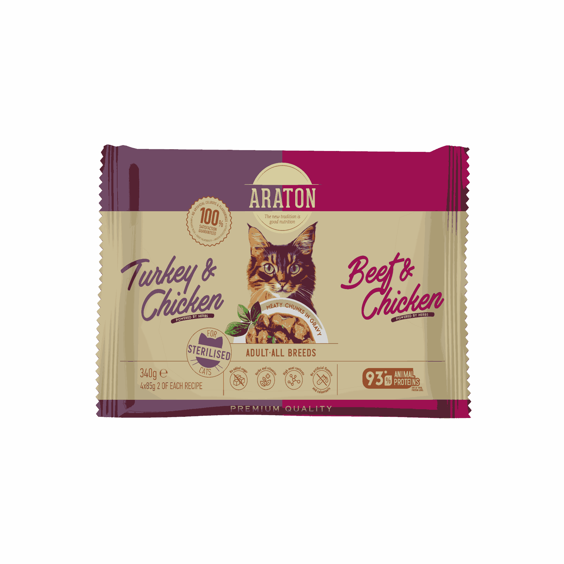 ARATON Alimento completo umido per gatti adulti sterilizzati di tutte le razze set 4x85 g