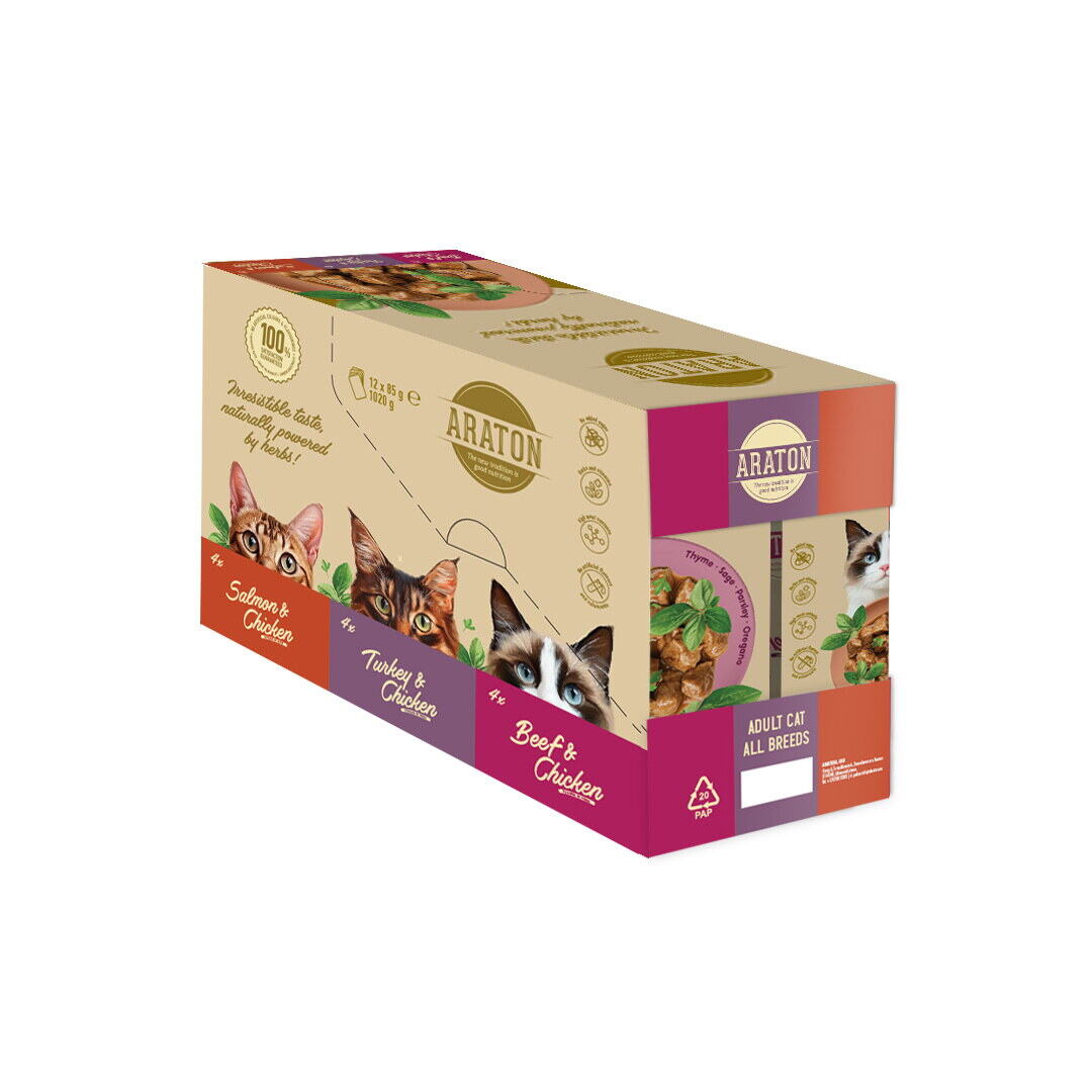 ARATON Alimento completo umido per gatti adulti di tutte le razze set 12x85 g